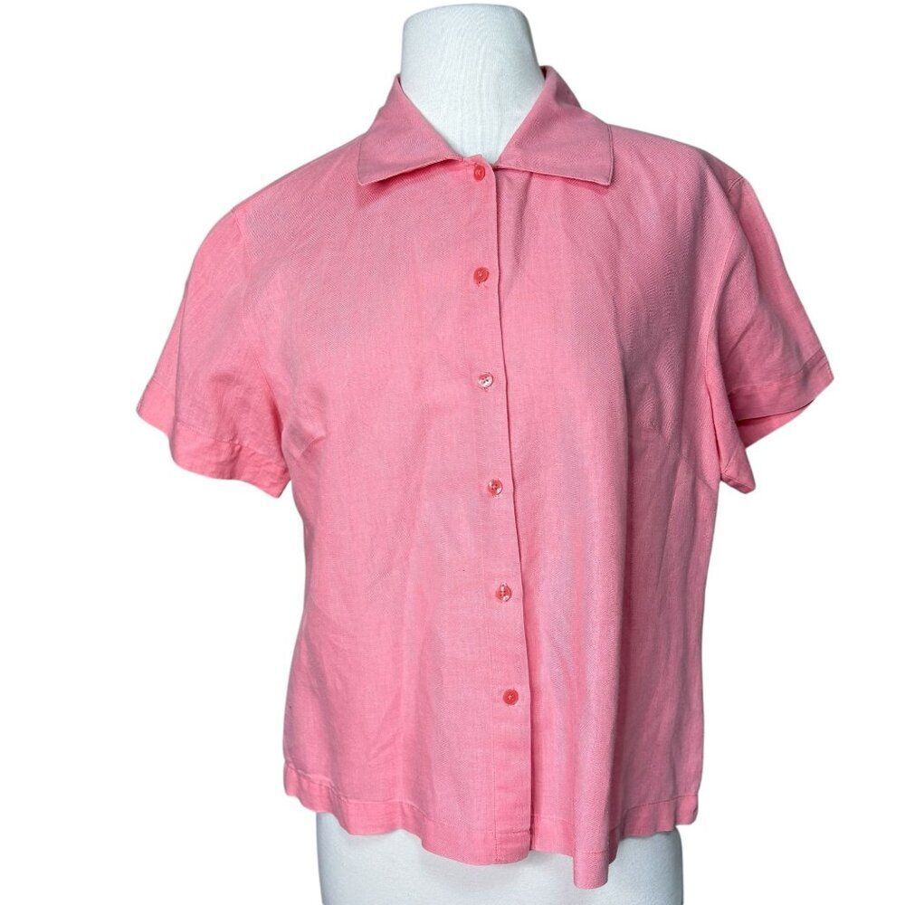 Eddie Bauer Top Button up Collar Women's Medium Salmon Pink Linen Cotton